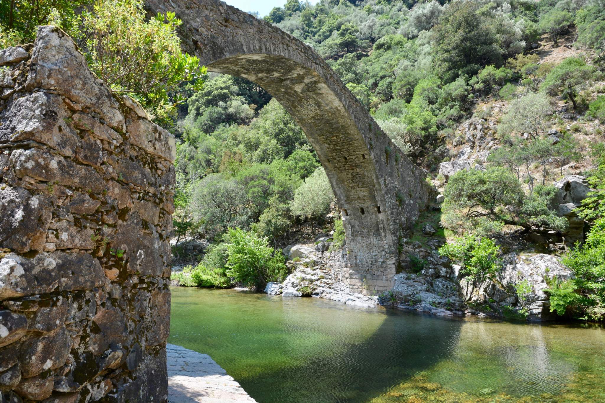 Pont génois en pierre au-dessus d'une rivière aux eaux claires en Corse.